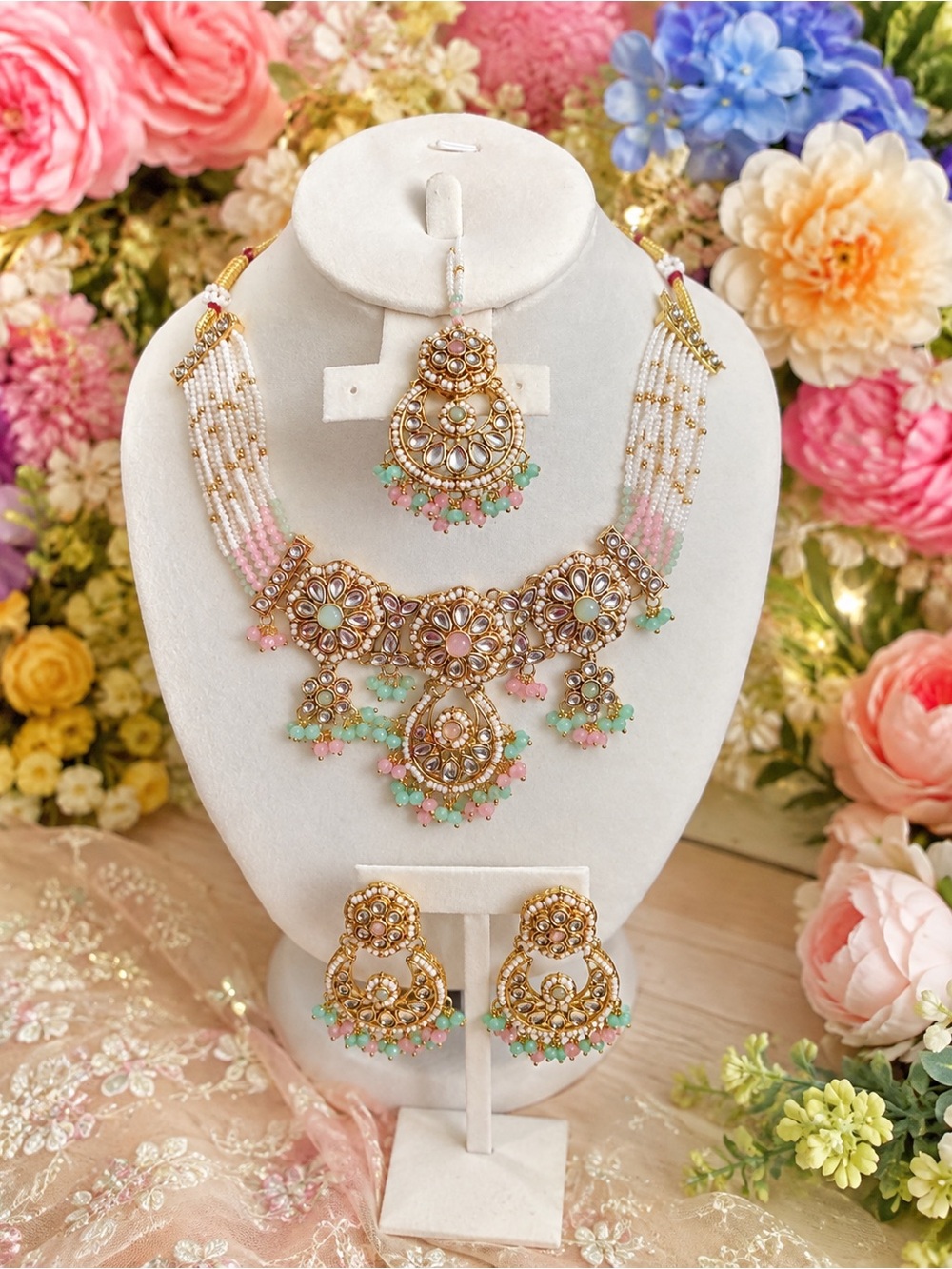 Elegant Pastel Kundan Necklace Set with Earrings and Maang Tikka